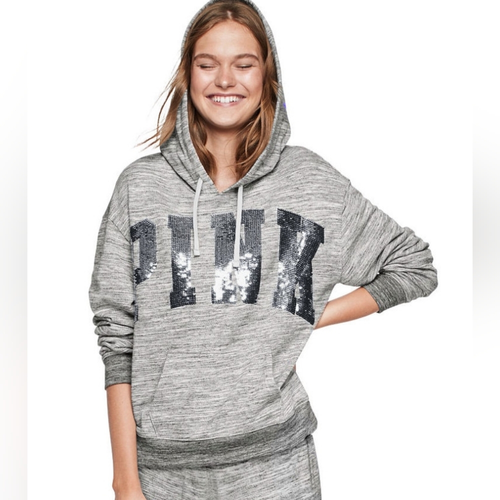 PINK Victoria’s Secret Sequin Logo Hoodie Y2K Lounge Sweatshirt S